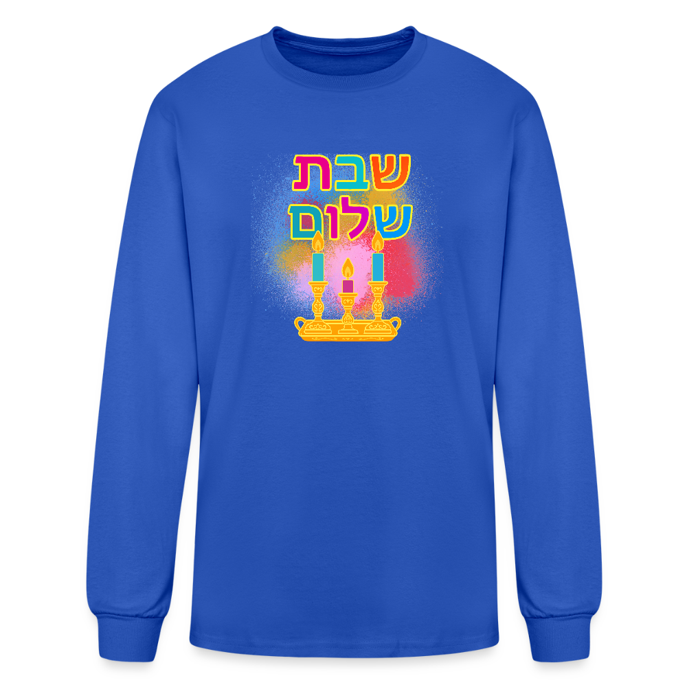 Shabbat Shalom Neon Hebrew Art Men's Long Sleeve T-Shirt - royal blue
