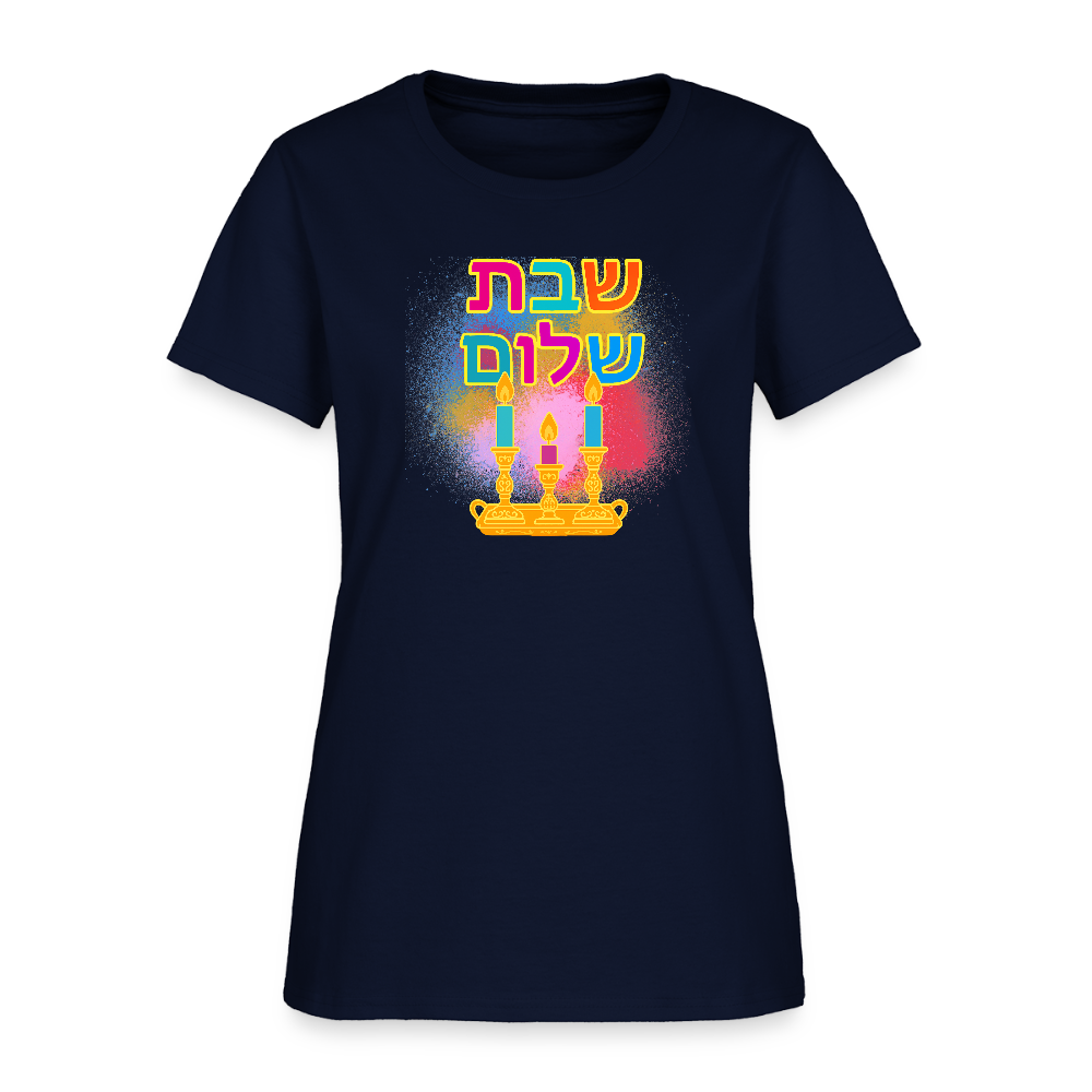 Shabbat Shalom Neon Hebrew Art Women's T-Shirt - navy