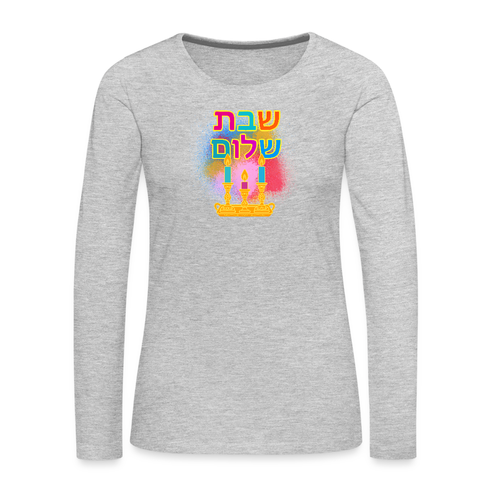 Shabbat Shalom Neon Hebrew Art Women's Premium Long Sleeve T-Shirt - heather gray