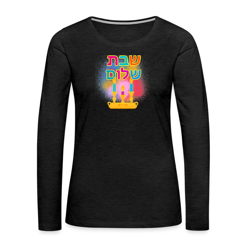 Shabbat Shalom Neon Hebrew Art Women's Premium Long Sleeve T-Shirt - charcoal grey