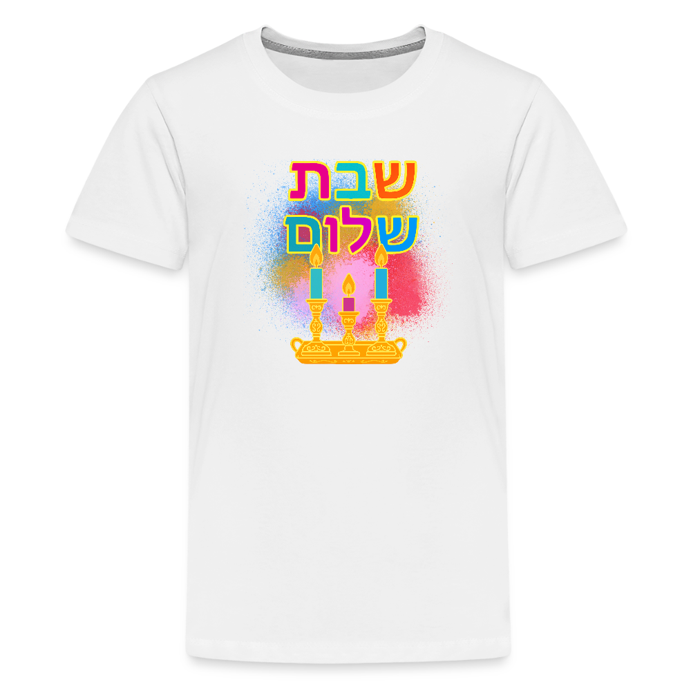 Shabbat Shalom Neon Hebrew Art Kids' Premium T-Shirt - white