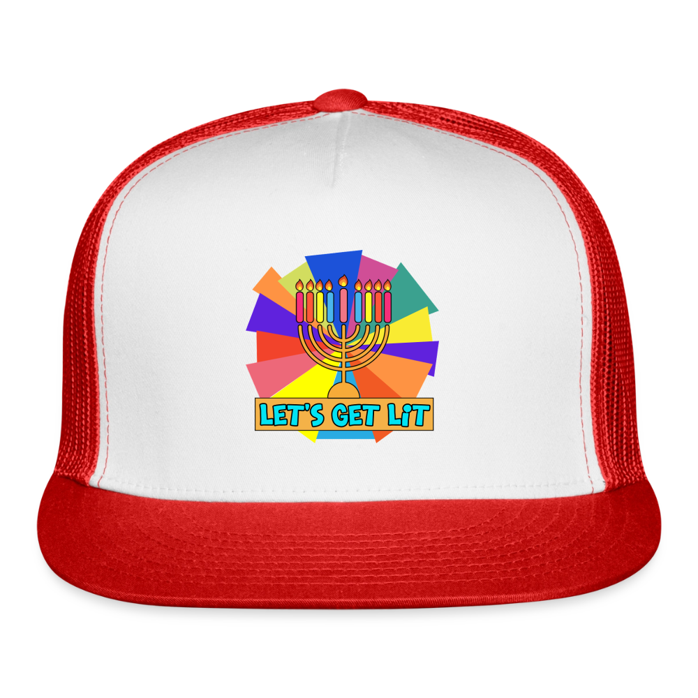 Glow & Get Lit Chanukah Menorah Trucker Hat - white/red