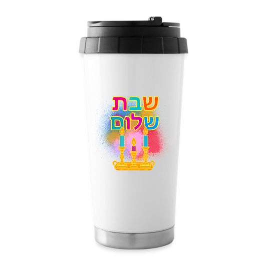 Shabbat Shalom Neon Hebrew Art 16 oz Travel Mug - white
