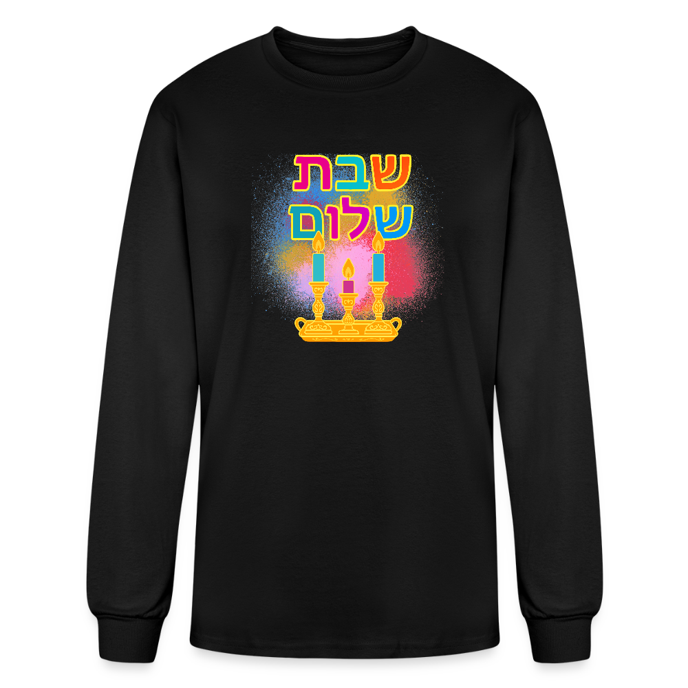 Shabbat Shalom Neon Hebrew Art Men's Long Sleeve T-Shirt - black