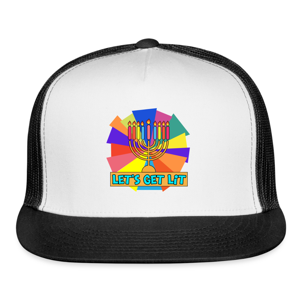 Glow & Get Lit Chanukah Menorah Trucker Hat - white/black