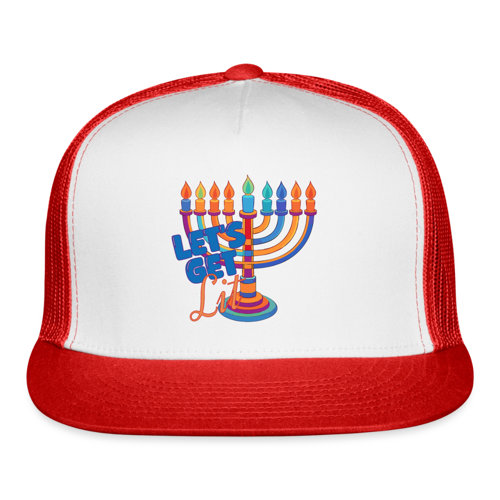 Let’s Get Lit Menorah Trucker Hat - white/red