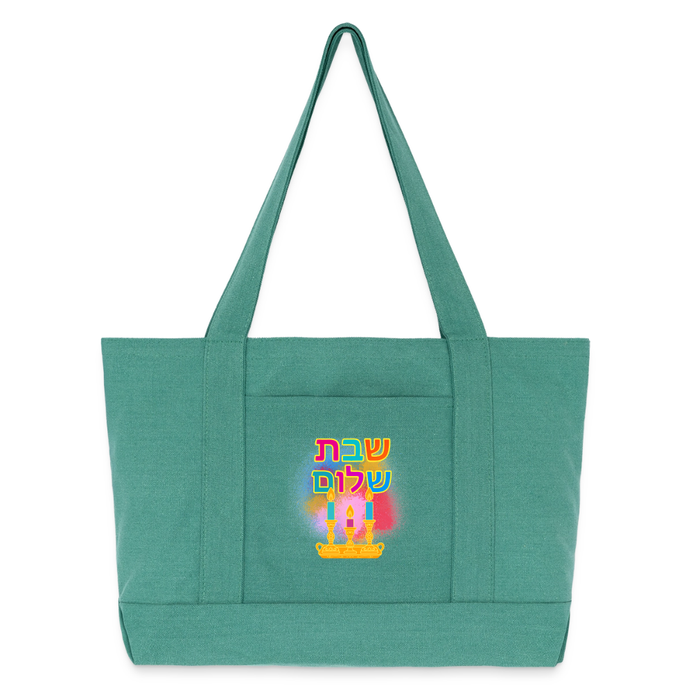 Shabbat Shalom Neon Hebrew Art Cotton Pigment Dyed Tote Bag - mermaid green
