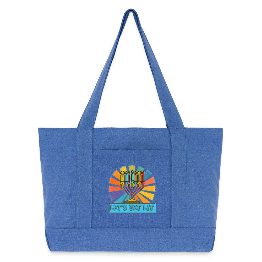 Radiant Retro “Let’s Get Lit” Menorah Cotton Pigment Dyed Tote Bag - periwinkle blue