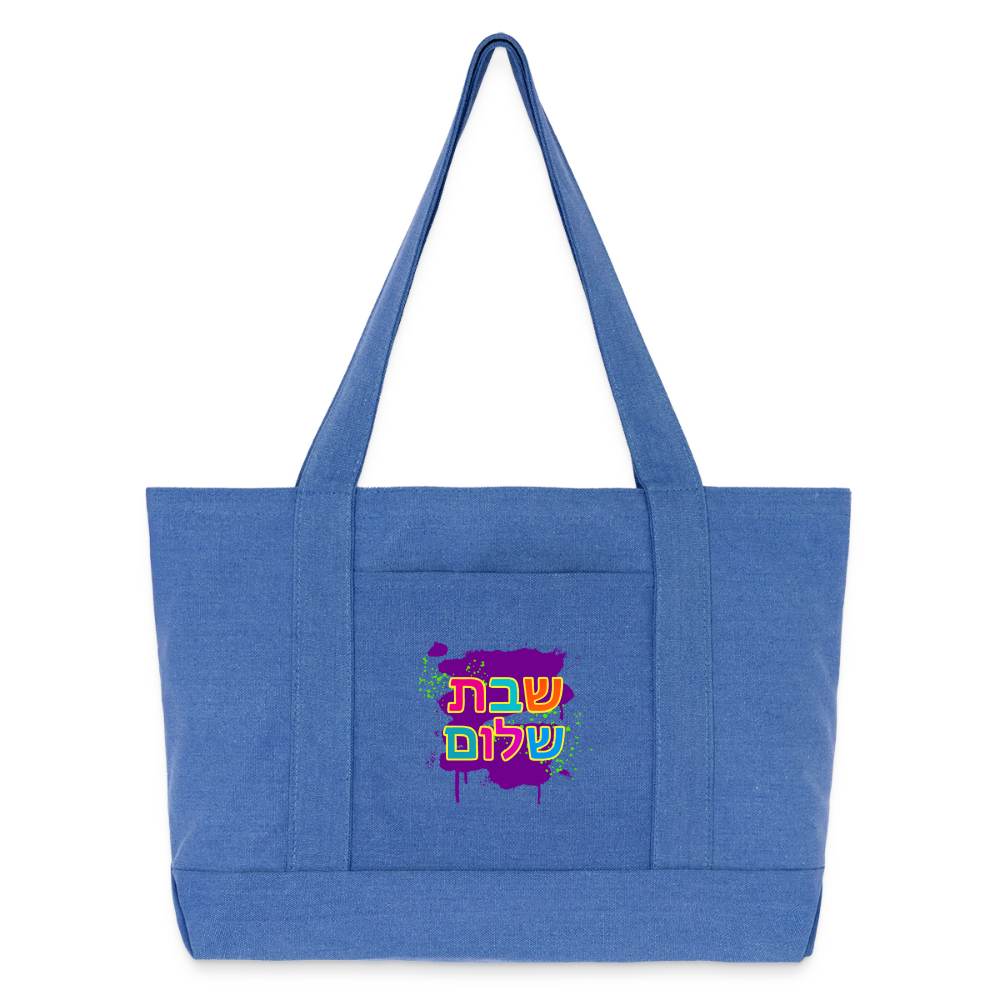 Shabbat Shalom Neon Pop Cotton Pigment Dyed Tote Bag - periwinkle blue