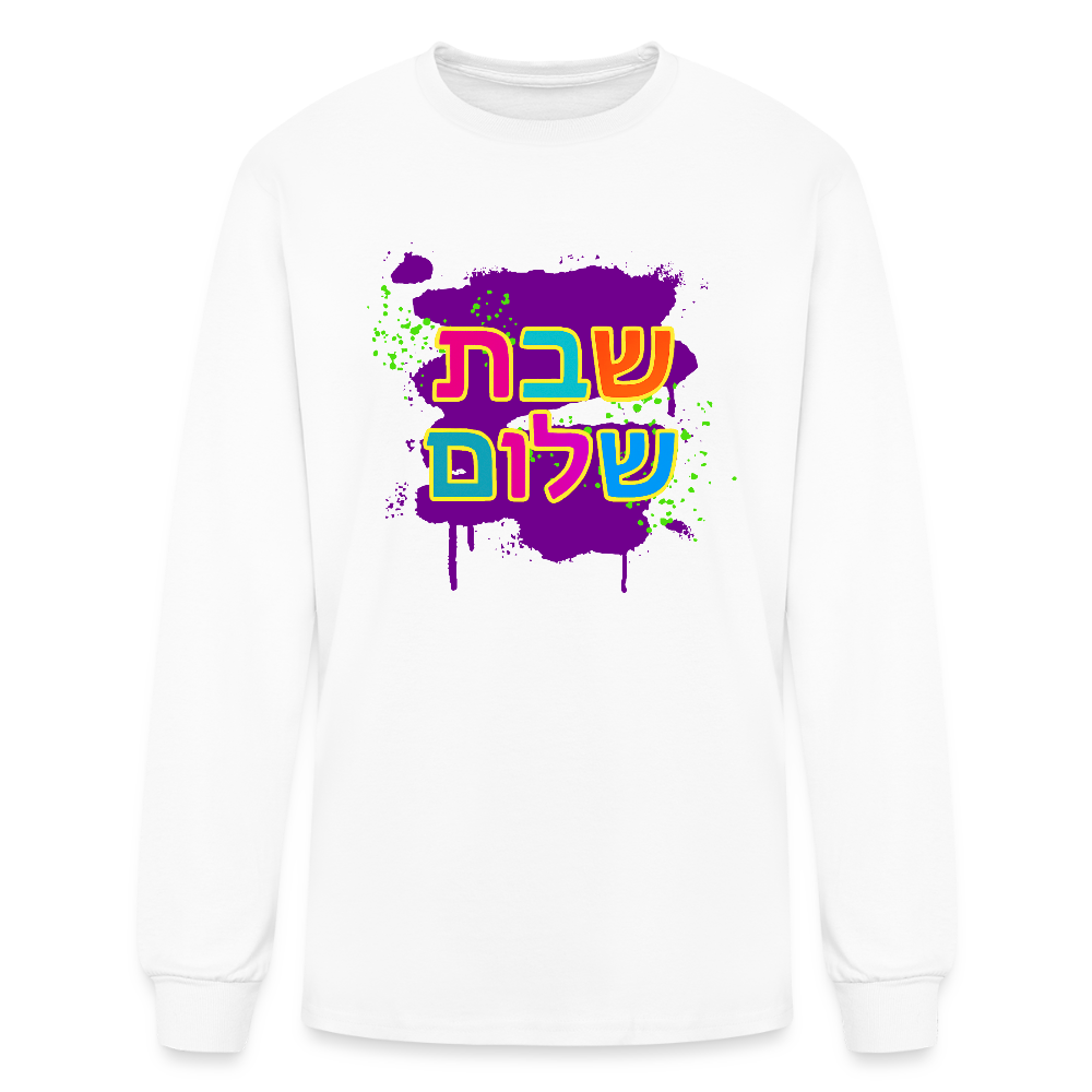 Shabbat Shalom Neon Pop Men's Long Sleeve T-Shirt - white