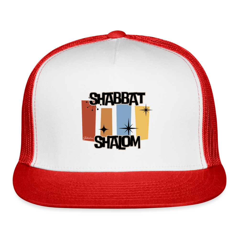 Retro Shabbat Trucker Hat - white/red