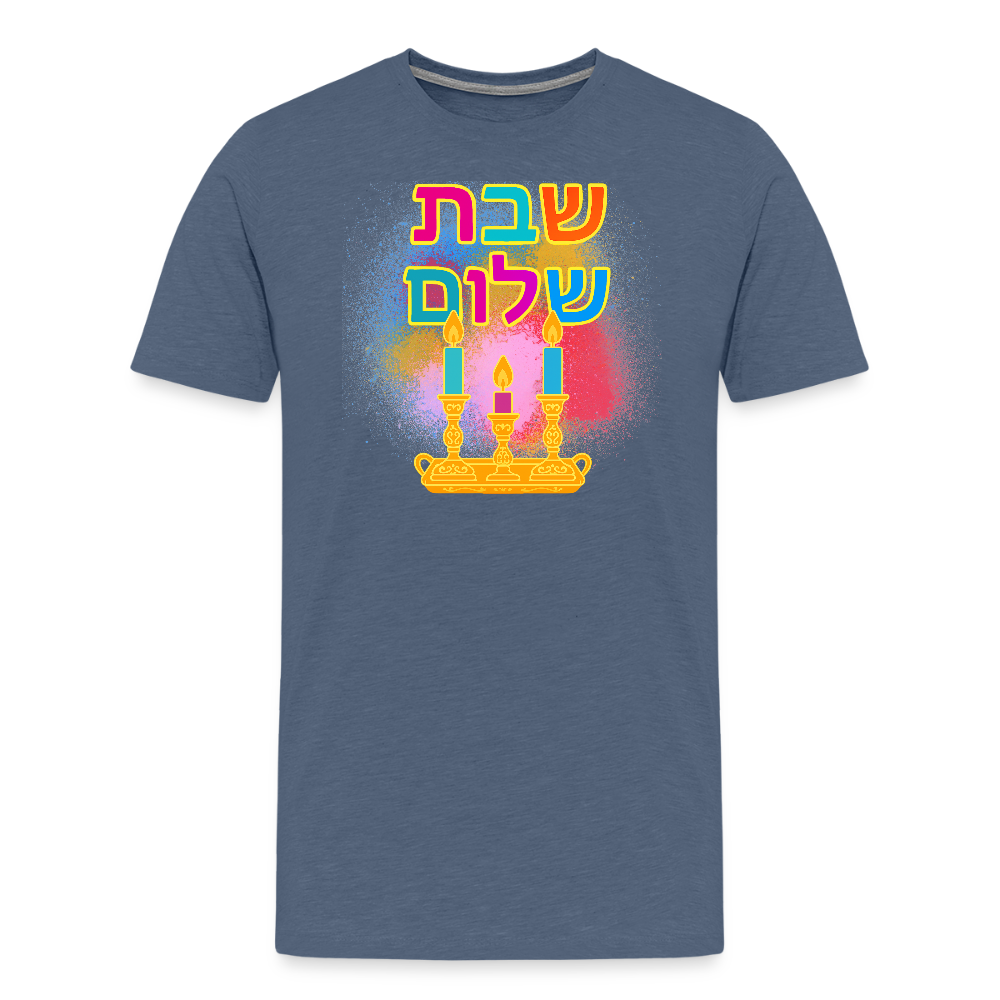 Shabbat Shalom Neon Hebrew Art Men's Premium T-Shirt - heather blue