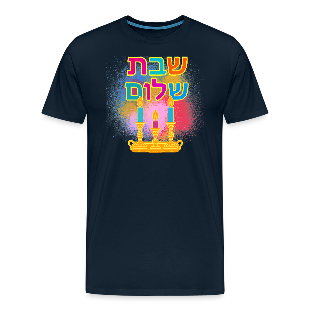 Shabbat Shalom Neon Hebrew Art Men's Premium T-Shirt - deep navy