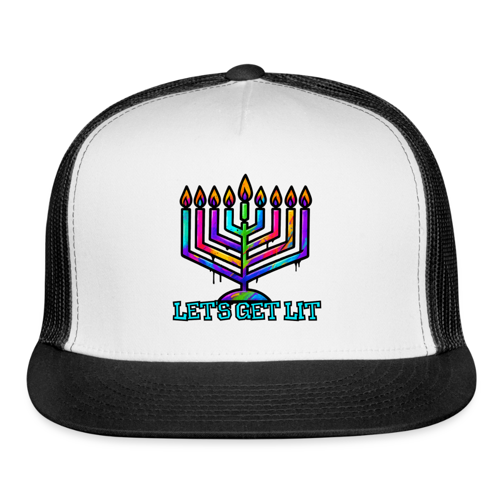 Let’s Get Lit Chabad Menorah Trucker Hat - white/black