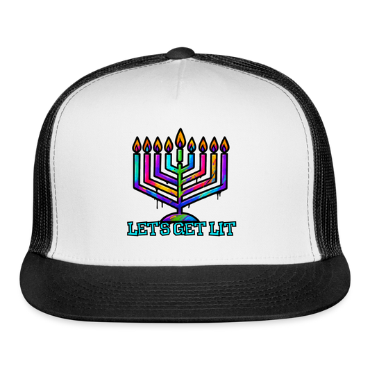 Let’s Get Lit Chabad Menorah Trucker Hat - white/black
