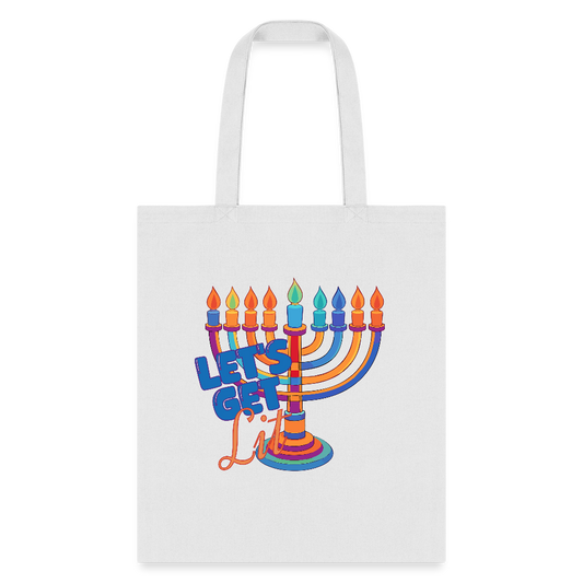 Let's Get Lit Menorah Tote Bag - white