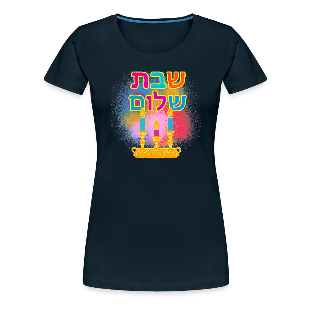 Shabbat Shalom Neon Hebrew Art Women’s Premium T-Shirt - deep navy