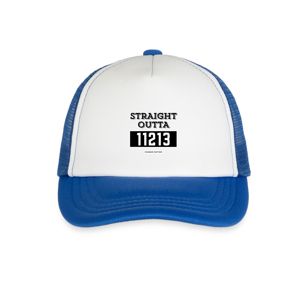 Straight Outta 11213 Kid's Trucker Cap - white/royal blue
