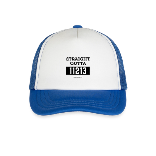 Straight Outta 11213 Kid's Trucker Cap - white/royal blue