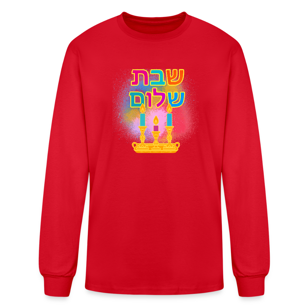 Shabbat Shalom Neon Hebrew Art Men's Long Sleeve T-Shirt - red