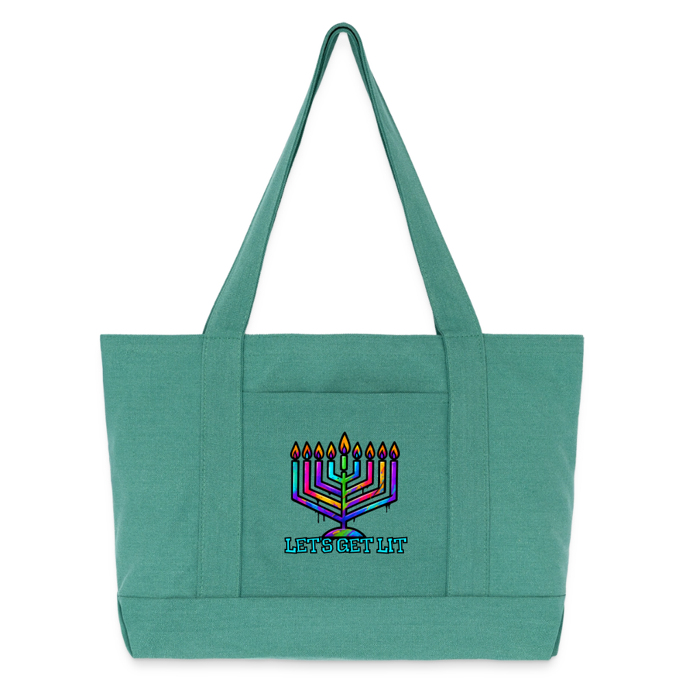 Let’s Get Lit Chabad Menorah Cotton Pigment Dyed Tote Bag - mermaid green
