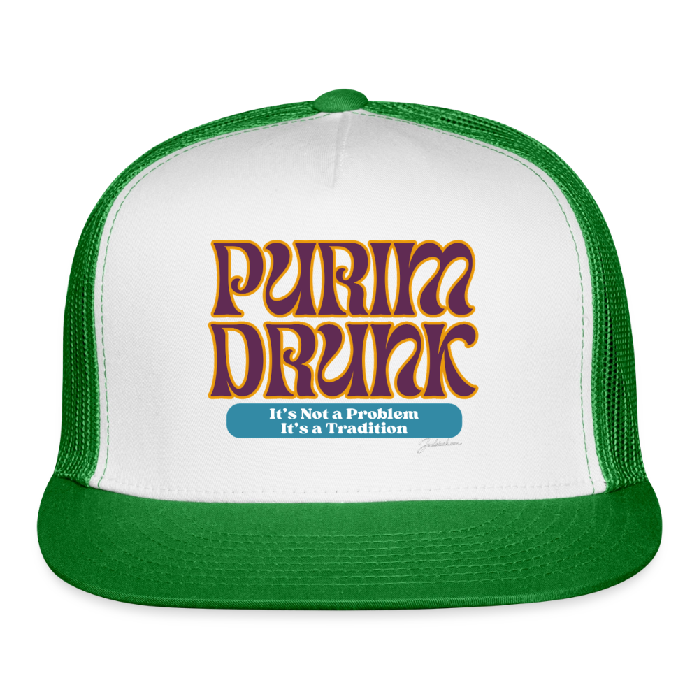 Purim Drunk Trucker Hat - white/kelly green