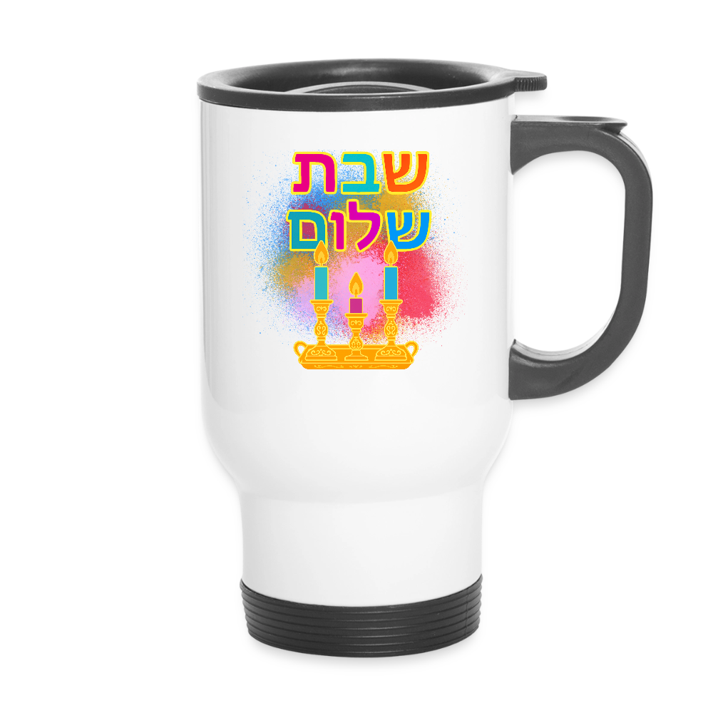 Shabbat Shalom Neon Hebrew Art Travel Mug - white