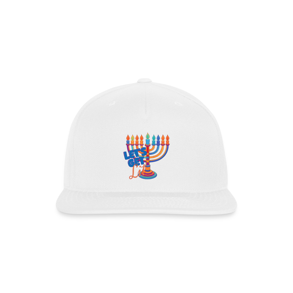 Let’s Get Lit Menorah Snapback Baseball Cap - white