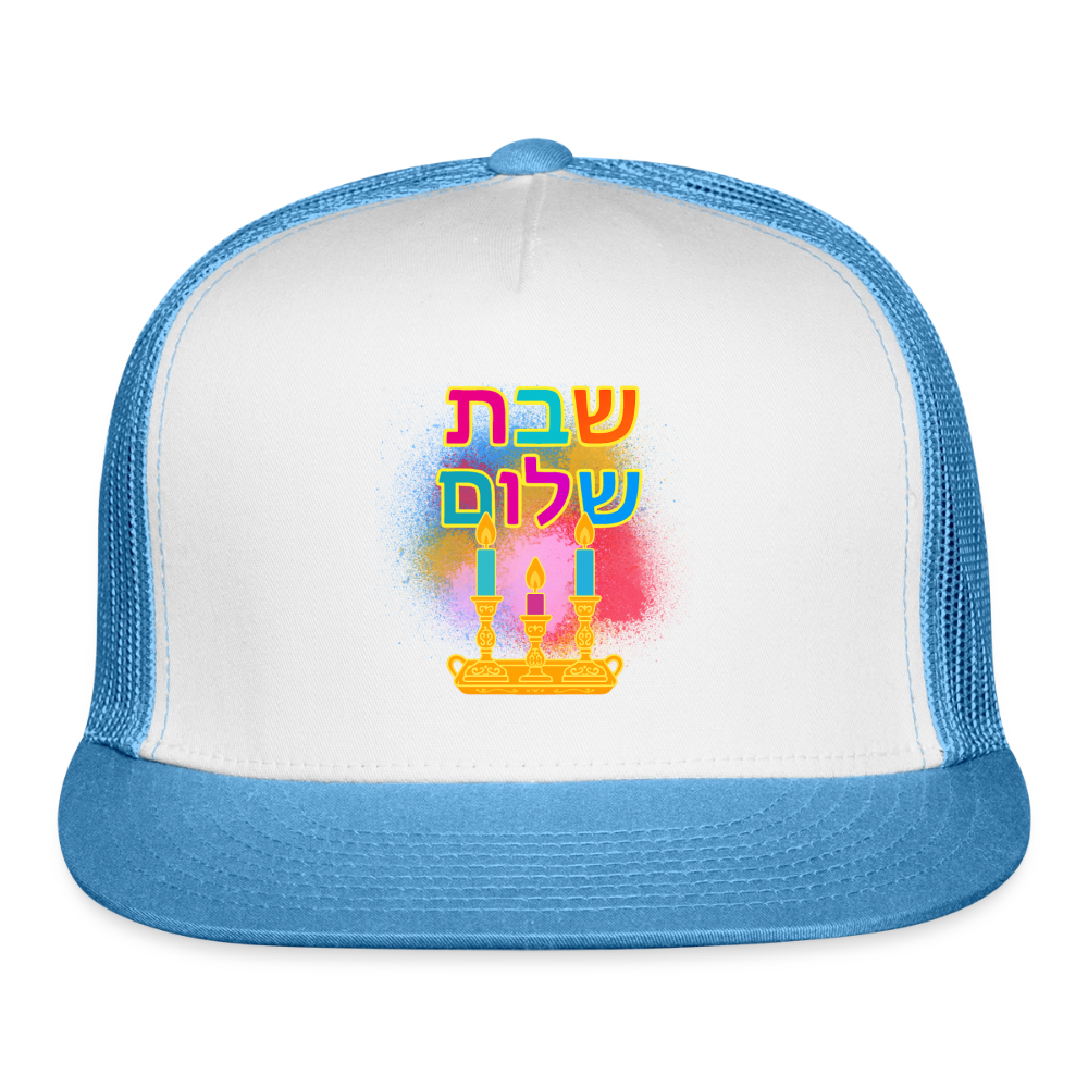 Shabbat Shalom Neon Hebrew Art Trucker Hat - white/blue