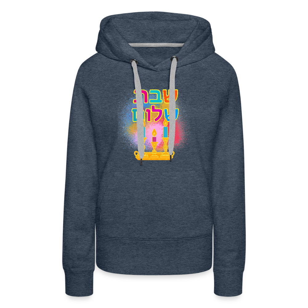Shabbat Shalom Neon Hebrew Art Women’s Premium Hoodie - heather denim