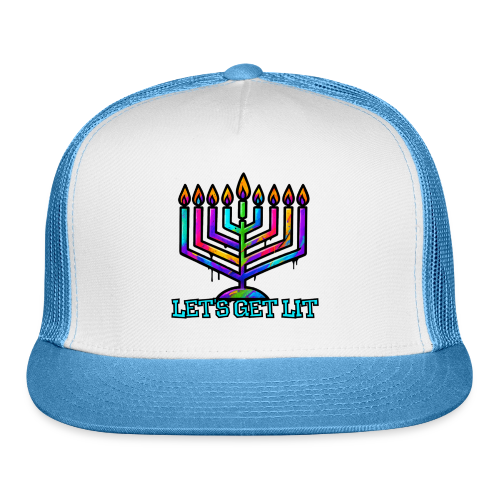 Let’s Get Lit Chabad Menorah Trucker Hat - white/blue
