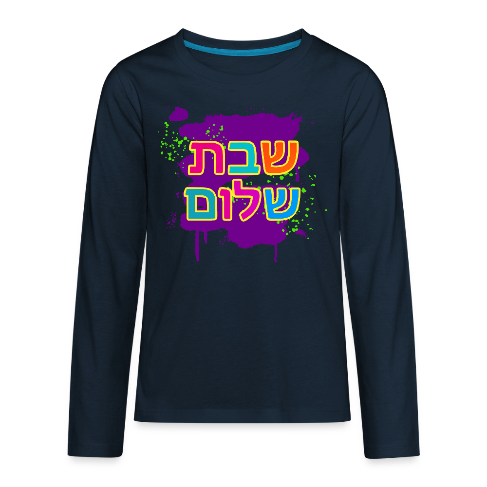 Shabbat Shalom Neon Pop Kids' Premium Long Sleeve T-Shirt - deep navy