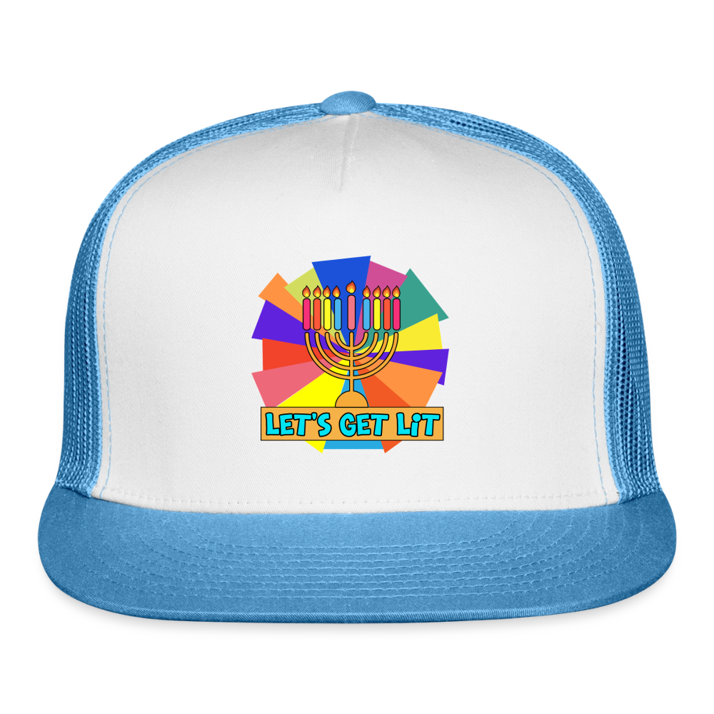 Glow & Get Lit Chanukah Menorah Trucker Hat - white/blue
