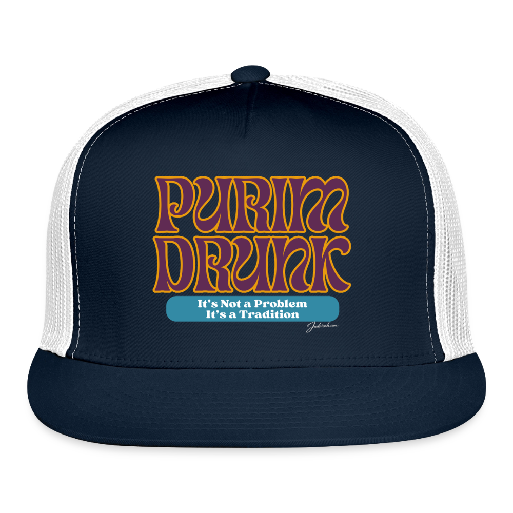 Purim Drunk Trucker Hat - navy/white