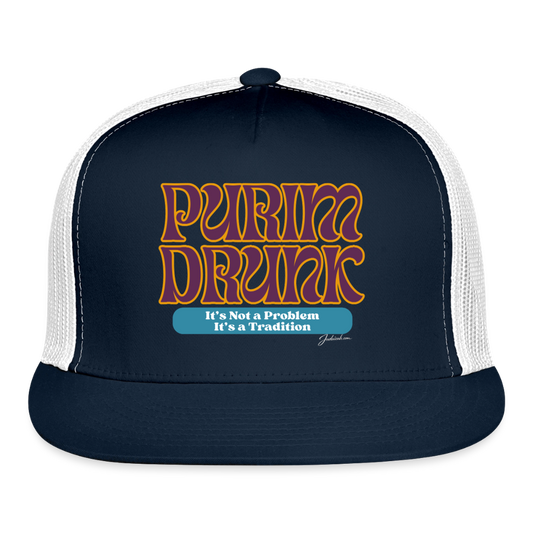 Purim Drunk Trucker Hat - navy/white