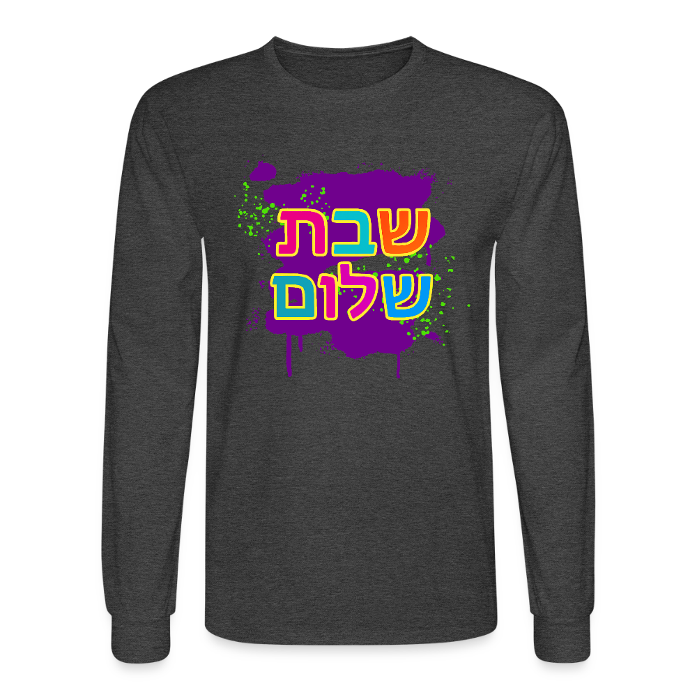 Shabbat Shalom Neon Pop Men's Long Sleeve T-Shirt - heather black