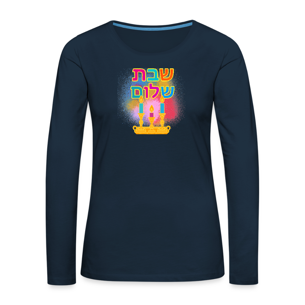 Shabbat Shalom Neon Hebrew Art Women's Premium Long Sleeve T-Shirt - deep navy